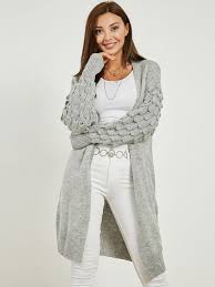 Kollari Orgu Desenli Uzun Hirka Gri Moda Hirkalar Triko