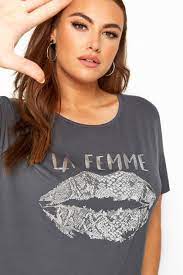 Charcoal Grey La Femme Lips Foil Print T Shirt Yours Clothing