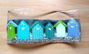 Beach Hut Glass Art Coastal Beach Hut Scene In Glass Beach Huts In Beautiful Blue And Green Glass By Whimsi Shattered Glass Art Glass Art Glass Fusion Ideas