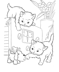 Hand drawn black and white vector illustration of cute little angel girls, one. Puppy And Kitten Coloring Page Coloring Home
