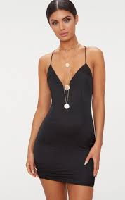 Black Strappy Satin Bodycon Dress Black Satin Dress Fashion Satin Bodycon Dress