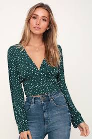 Black And White Polka Dot Top Outfit Love Always Forest Green Polka Dot Long Sleeve Crop Top Fashion Outfits Clothes