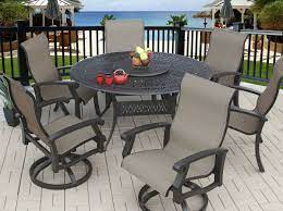 Brown round acacia wood outdoor patio coffee table. Barbados Sling Outdoor Patio 7pc Dining Set With 60 Round Table Series 2000 Dining Chairs Swivel Rockers Antique Bronze Finish Zenpatio