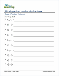 Step #1:write the whole number and the mixed number as improper fractions: Grade 5 Math Worksheets Dividing Mixed Numbers By Fractions K5 Learning
