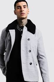 Men S Borg Collar Wool Blend Pea Coat Boohoo Uk