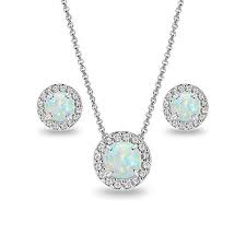 Sterling Silver Genuine Created Or Simulated Gemstone And White Topaz Accents Round Halo Necklace And Stud Earrings Stud Earrings Set Halo Necklace Opal Studs