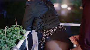 Cute girl gets cum load on her sexy nylon butt in public