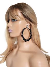 1 Pair of 4" Long BLACK Bamboo Design CLIP ON Hoop Drop Earrings