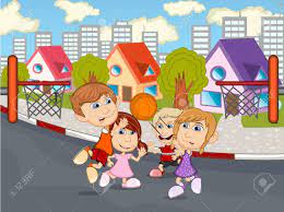 Niños jugando fútbol en la calle. Ninos Jugando En La Calle De Dibujos Animados Ilustraciones Vectoriales Clip Art Vectorizado Libre De Derechos Image 53754837