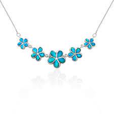Sterling Silver Five Plumeria Flower Necklace With Blue Opal Plumeria Flower Symbol For Beauty Synthetic Blue Op Jewelry Companies Necklace Flower Necklace