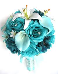 Wedding bouquets with teal and eggplant purple. Wedding Bouquets 17 Pc Silk Flower Bridal Package Turquoise Aqua Blue Teal Lily Ebay