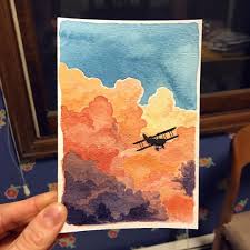 Fly Away Little Plane Watercolor Cloudscape Biplane Flight Artistsoninstagram Watercolorpainting Silhouette Art Watercolor Art Painting Art Projects