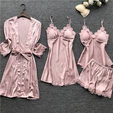 Sleepwear Pijamas Sleep Lounge 4 Pieces Silk Pajamas For Women 2019 Ladies Pyjamas Nightwear With Chest Pads S Pijamas Sensuais Roupas Pijamas Camisolas Curtas