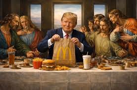 🍔🍷 “American Jesus” — the internet did it again., A sacred moment…  reimagined as pure satire., At a long, classical-style table sits a  familiar figure in the center—, 🧑‍💼 Donald Trump, styled like a ...