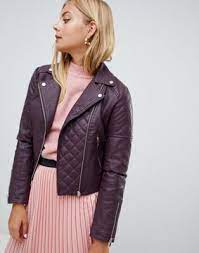 Image 1 Of Miss Selfridge Quilted Faux Leather Biker Jacket In Burgundy Faux Leather Biker Jacket Leather Biker Jacket Jackets