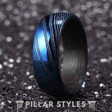 Damascus Steel Ring Mens Wedding Band 8mm Carbon Fiber Ring Blue Damascus Wedding B Anillos De Boda Para Hombre Anillos Para Hombres Anillos Unicos De Boda
