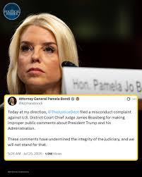 The Department of Justice has filed a misconduct complaint against U.S.  District Court Chief Judge James Boasberg. Attorney General Pam Bondi  announced that the complaint was due to Boasberg making improper public