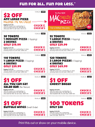 Chuck E Cheese Coupons Shopping Deals Gaming Token Cheese Party Large Pizza