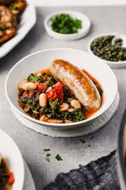 Tuscan Chicken Sausages With Kale White Beans Recipe Chicken Sausage Recipes Italian Chicken Sausage Chicken Sausage