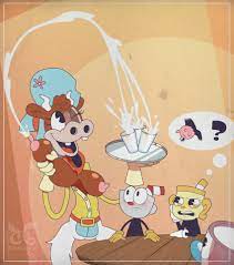 anthro bovine confused cowgirl cuphead cuphead: the delicious  last course cuphead (game) esther winchester female furry handwear male  milk bottle milking milking breasts ms. chalice mugman question mark shocked