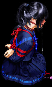 itou tatsuya, original, highres, 1girl, arms behind back, ball gag, bdsm,  black hair, blue serafuku, blush, bondage, bound, collar, drooling, female  focus, from side, gag, gagged, ponytail, rope, saliva, school uniform,  serafuku,