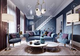 Too many solid colors in a blue and grey living room can make it look too dull and, even worse, boring. Luxurious Living Room In Art Deco Style In A Fashionable Design Stock Photo Picture And Royalty Free Image Image 150373452