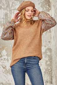 بلوفر ياقة عالية بأكمام ترتر لون عسلي fashion sleeve top bell sleeve top