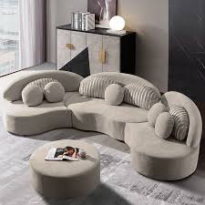 Modern 7 Seat Modular Sofa Round Sectional Sofa Beige Light Gray Deep Gray Khaki Velvet Upholstered Modular Sofa With Ottoman Pillows In 2020 Round Sofa Sectional Sofa Beige Sectional Sofa