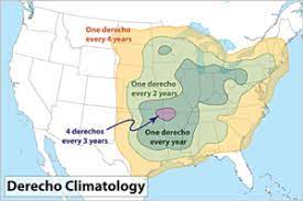 To earn the coveted title of derecho, these storms must travel more than 250 miles, produce sustained winds of at least 58 mph along the line of storms, and create gusts up to 75 mph. Derecho Wikipedia