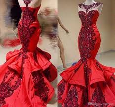 Red Luxury Sequins Applique Mermaid Ruffles Prom Pageant Dresses 2018 Shiny Jewel Sheer Neck Fish Prom Pageant Dress Ruffle Prom Dress Inexpensive Prom Dresses