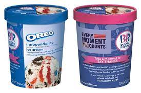 Baskin Robbins New Oreo Independence Ice Cream In Pre Packaged Quarts The New Flavor Features Vanilla Ice Cream Ice Cream Packaging Ice Cream Cookies Oreo