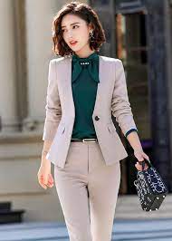 Beige Work Suit Without Collar With Pants Office Outfits Women Attire Women Work Outfits Women