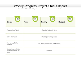 A status report is a detail that reviews and summarize a project's whole progress.it also compare the progress versus the estimated strategy. Weekly Progress Project Status Report Powerpoint Presentation Slides Ppt Slides Graphics Sample Ppt Files Template Slide