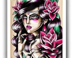 Tattoo Lady With Rose Digital Reproduction Print, Limited Edition