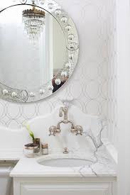 A backsplash adds a finishing touch on a granite countertop installation. Bathroom With Darcy Wallpaper Transitional Bathroom Marble Backsplash Marble Backsplash Bathroom Rustic Powder Room