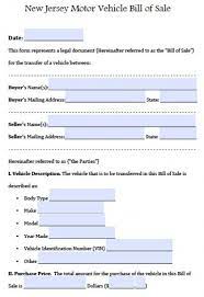 free new jersey motor vehicle car auto bill of sale form pdf word doc