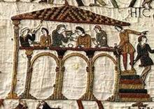 The bayeux tapestry (long, which depicts the events leading up to the norman conquest of england concerning william, duke of normandy and harold, earl of wessex, later king of england, and culminating in the battle of hastings.the tapestry consists of some fifty scenes annotated in latin, embroidered on linen with coloured woollen yarns. Teppich Von Bayeux Wikipedia