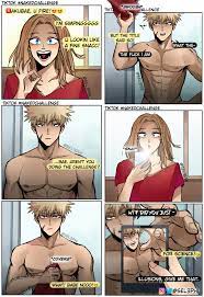 1boy 1girls after shower aged up being filmed blonde hair camie  utsushimi challenge clothed female nude male comic dialogue emoji english  text female filming katsuki bakugou male muscular muscular