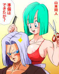 yamamoto doujin, bulma, trunks (dragon ball), trunks (future) (dragon  ball), dragon ball, dragonball z, highres, translated, 1boy, 1girl, aqua  hair, areola slip, blue eyes, blush, breasts, comb, covered erect nipples,  embarrassed, large