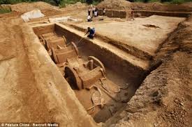 In 2011, 5 chariots and 12 horse skeletons were found in a tomb in the city of Luoyang, China. Eastern Zhou dynasty period, about 2,500 years ago.