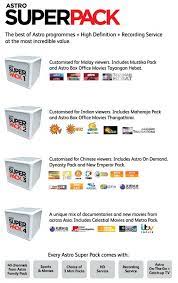 Take your pick from over 100 tv and digital radio channels, plus enjoy fantastic services and upgrades starting rm154.76/monthly. Astro Super Pack 3