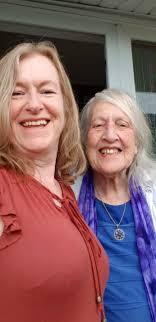 HappyBirthday to mum Daphne Glen 99yrs lived in bergholt since 1953, still  living independently; pic with brothers dtr jane 2wks ago ; mum was active  in East London WW2 , came home