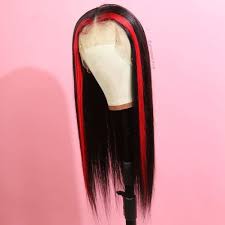 Peruvian Hair Lace Front Black Color Red Streak Highlight Wigs In 2020 Red Lace Front Wig Black Red Hair Black Hair With Red Highlights