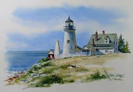 Watercolor Painting Of Pemaquid Point Lighthouse Watercolor Landscape Paintings Lighthouse Painting Lighthouse Art