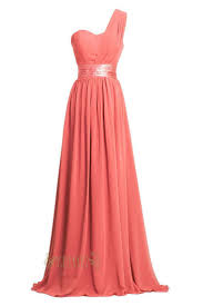 Long Coral Chiffon One Shoulder Empire Bridesmaid Dresses Prom Dresses Am02 Empire Bridesmaid Dresses Designer Bridesmaid Dresses Coral Bridesmaid Dresses