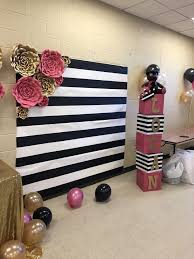 Backdrop Black And Rose Gold Party Theme Black And White Stripes Backdrop Kate Spade Pink And Gold Flowers Gold Birthday Party Kate Spade Bridal Shower Bridal Shower Theme