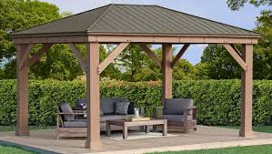 Our builder is easy to use and allows you to choose the size, colors, and specifications that are the perfect fit for your backyard oasis. 12 X 16 Wood Gazebo With Aluminum Roof Yardistry Structures Gazebos Pavilions And Pergolas