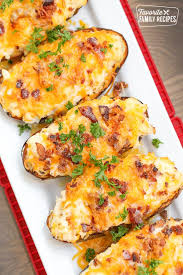 Twice Baked Potatoes Are A Real Treat Fluffy Mashed Potatoes Cheese And Bacon Stuffed Into A Baked Potato Easy Twice Baked Potatoes Baked Potato Recipes Food