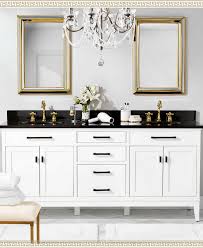 Black White And Gold Bathroom Decor Wow I Love This Black White And Gold Bathroom Vanity The Glam Chandelier Is A Great Touch Ad Blue Bathroom Decor White Bathroom Decor Bathroom Trends