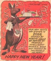 Synthetic Food Smart Pills And Kangaroo Butlers Retro Futurism New Year Card Newyear